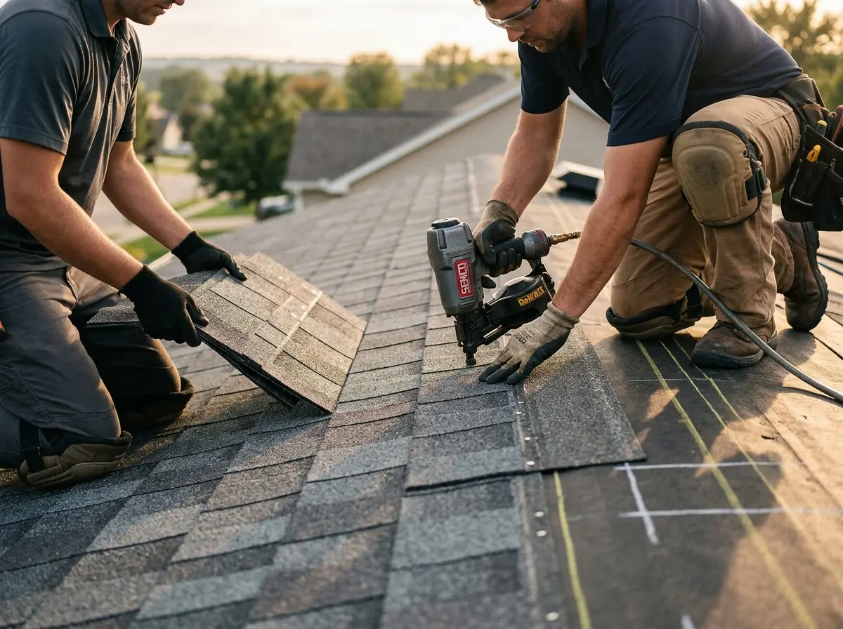 Professional roofer working on a residential roof in Mukwonago